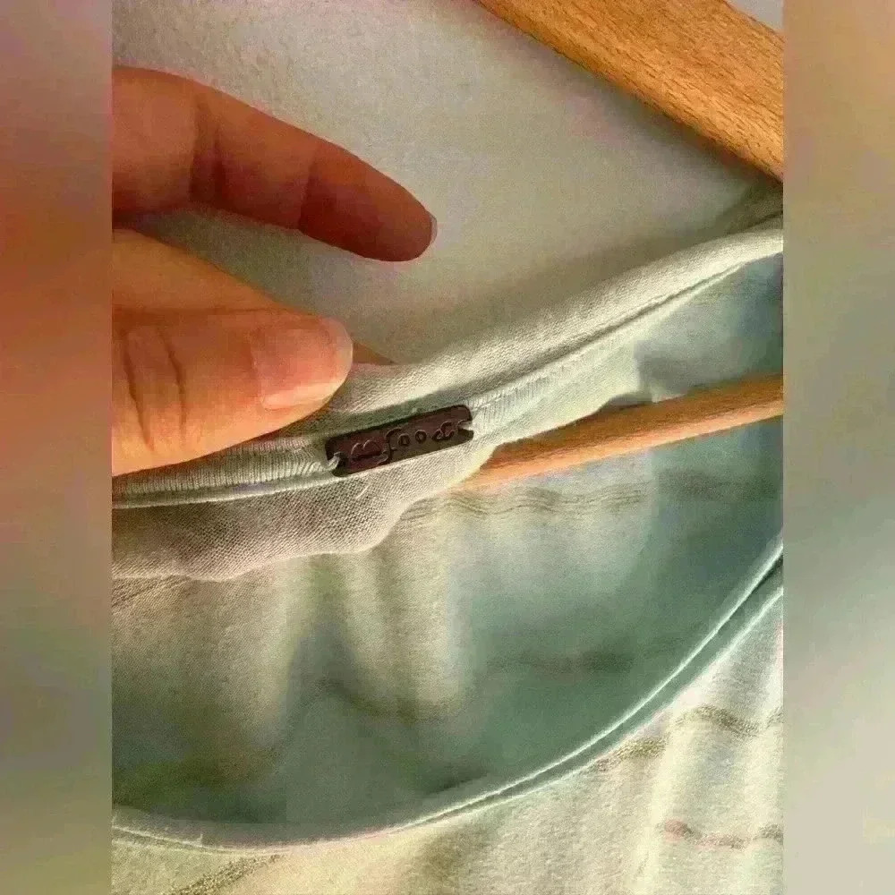 Poof women’s teal striped gold top lightweight cotton shirt fitted size Large - Picture 2 of 10